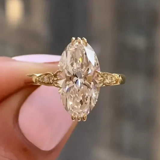 4 CT Moval Cut Moissanite Engagement Ring, 14 Solid Gold Inspired Solitaire with Side Stones Wedding Ring