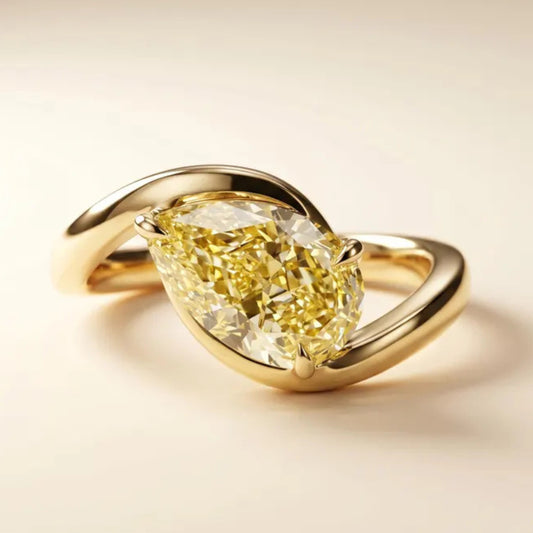 2 CT Fancy Vivid Yellow Pear Lab Diamond Engagement Ring, East West Bypass Setting Wedding Ring, 14k Yellow Gold, IGI Certified VS