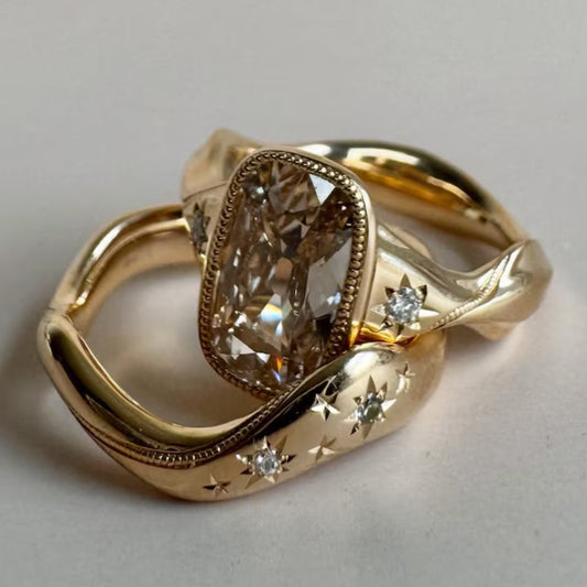 4 CT Old Mine Elongated Cushion Moissanite Engagement Ring Set 14K Gold Starburst Engraved Wedding Band Antique Style Anniversary Gift Her