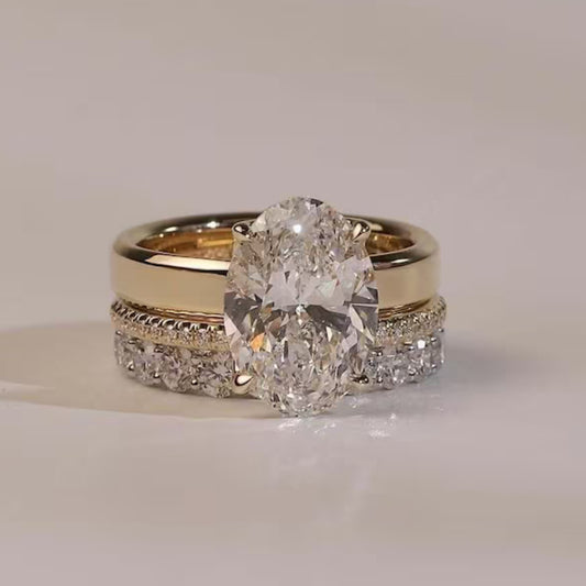 Elongated 4CT Oval Cut Moissanite Three Piece Diamond Bridal Ring Set, 14k Solid Yellow Gold Tulip Engagement Ring Set, Anniversary Ring Set