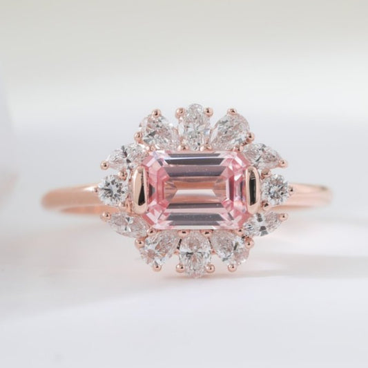 Lab Emerald Cut Pink Gemstone With Floral Halo Cluster Diamond Engagement Ring