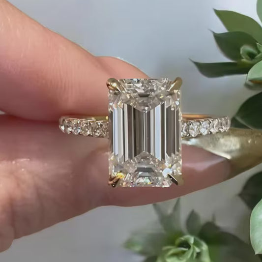 5CT Emerald Cut Moissanite Engagement Ring Hidden Halo Emerald Cut Promise Ring 14K Yellow Gold Emerald Solitaire Ring Anniversary Gift Ring