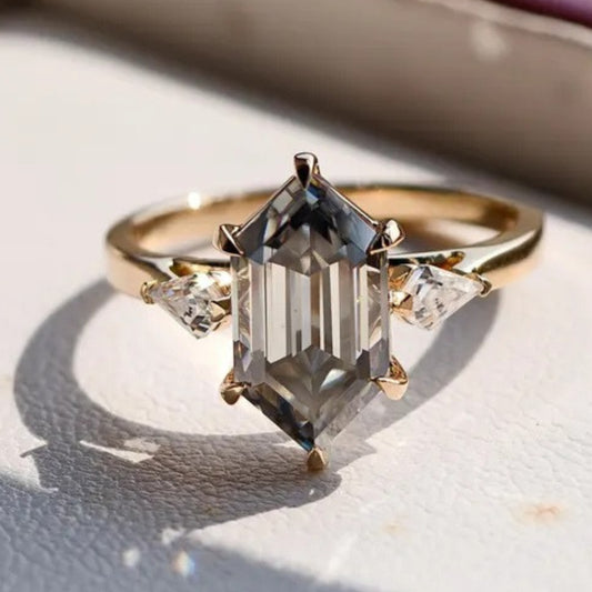Gray Hexagon Cut With Side Cluster Moissanite Engagement Ring