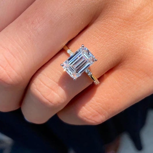 3CT Emerald Cut Moissanite Engagement Ring With 14K Yellow Gold Hidden Halo