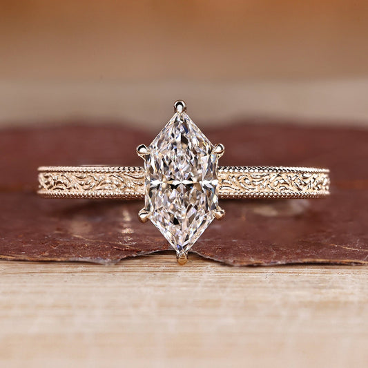 Solitaire Dutch Marquise Ring with Art Deco Ocean Wave Band