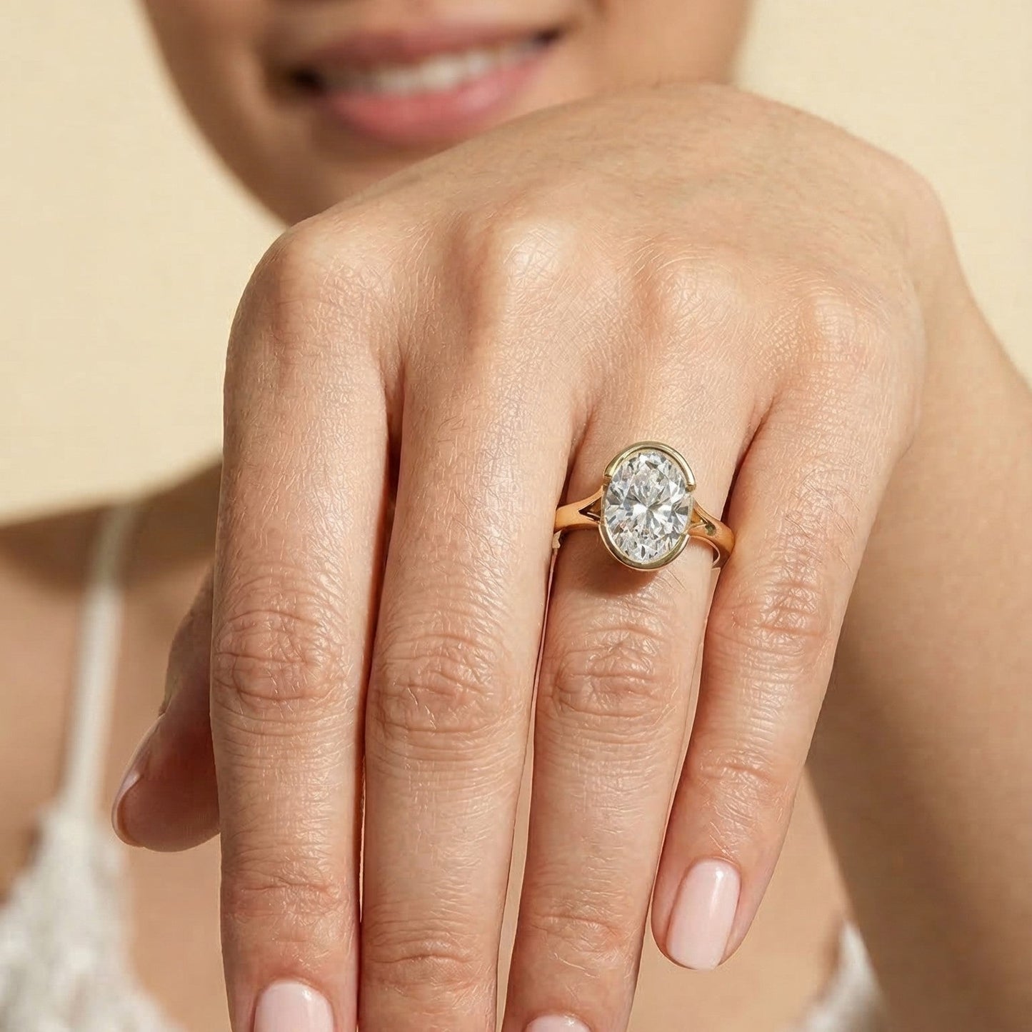 3.0CT Oval Cut Moissanite Diamond Split Shank Bezel Engagement Ring