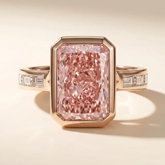 Bezel 3 CT Fancy Vivid Pink Radiant Cut Lab Diamond Engagement Ring, Side Channel Baguette Wedding Ring,14k Rose Gold IGI Certified Ring For Her