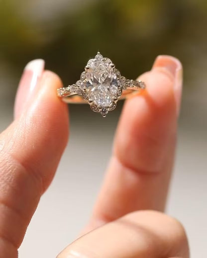 2.5 CT Oval Cut Moissanite Solitaire Ring with Vintage Halo, Solid 10K/14K/18K Gold Floral Bridal Ring, Dainty Stacking Promise Ring for Her