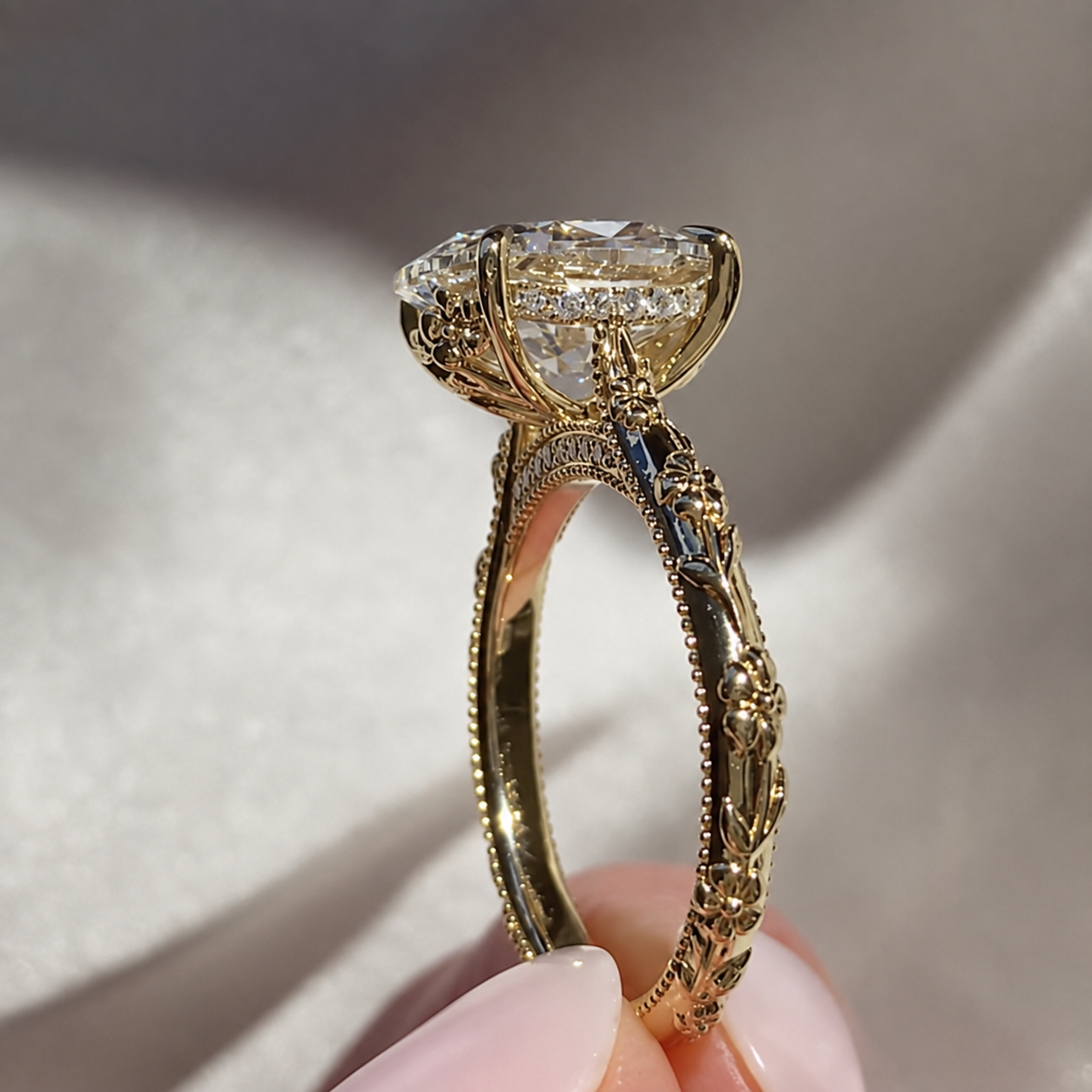 Vintage Floral Oval Moissanite Engagement Ring - Intricate Milgrain Hidden Bridge Gold Ring
