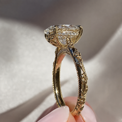 Vintage Floral Oval Moissanite Engagement Ring - Intricate Milgrain Hidden Bridge Gold Ring