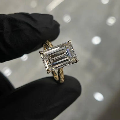 4 CT Emerald Cut Moissanite Engagement Ring | 14k Yellow Gold | Art Deco Cathedral Wedding Ring