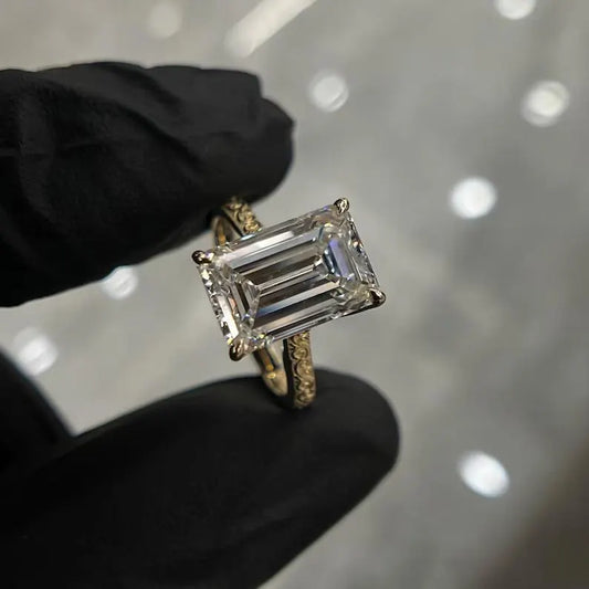 4 CT Emerald Cut Moissanite Engagement Ring | 14k Yellow Gold | Art Deco Cathedral Wedding Ring