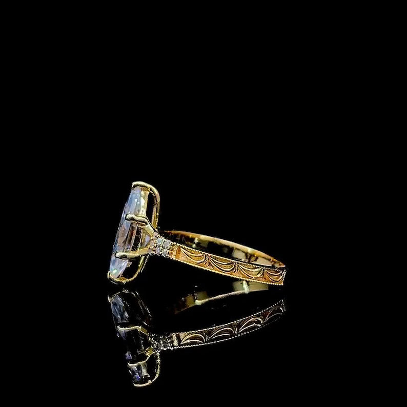 3CT Marquise Cut Moissanite Engagement Ring Vintage Hand Engraved Gold Band