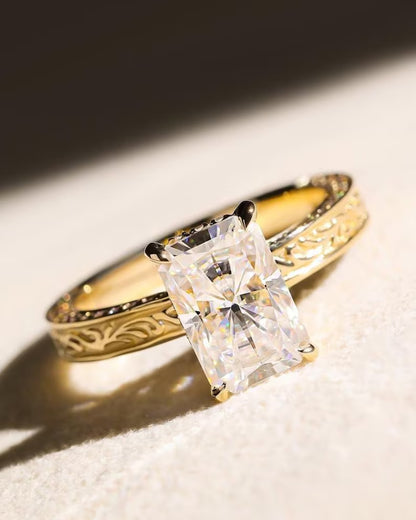 4CT Radiant Cut Moissanite Engagement Ring Vintage Engraved Gold Band