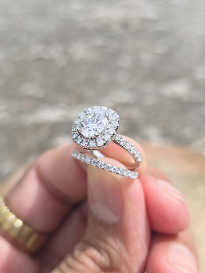 Round Cut Moissanite Cushion Halo Engagement Ring Set - Pavé Band Bridal Set