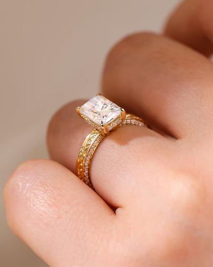 4CT Radiant Cut Moissanite Engagement Ring Vintage Engraved Gold Band