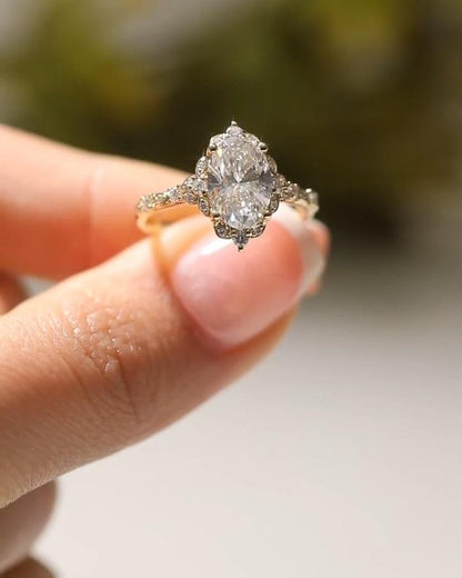 2.5 CT Oval Cut Moissanite Solitaire Ring with Vintage Halo, Solid 10K/14K/18K Gold Floral Bridal Ring, Dainty Stacking Promise Ring for Her