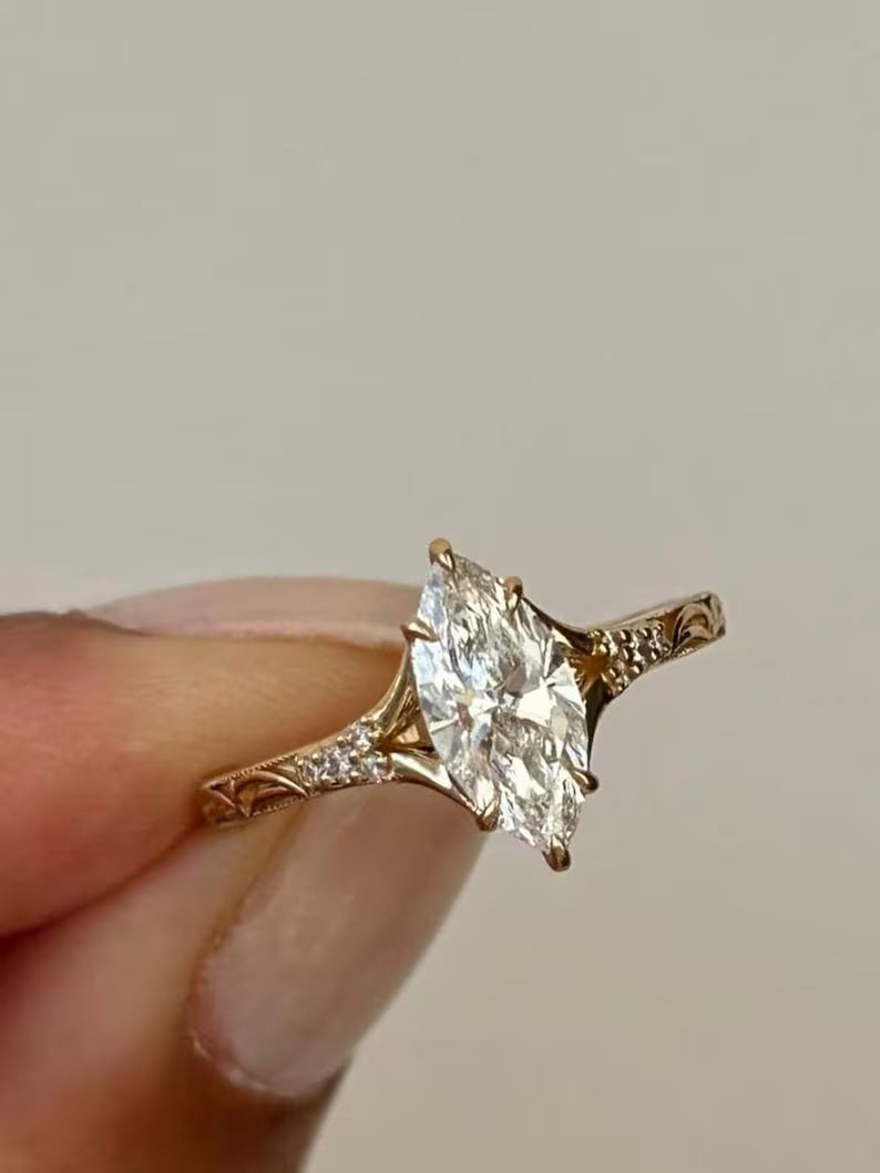 3CT Marquise Cut Moissanite Engagement Ring Vintage Hand Engraved Gold Band