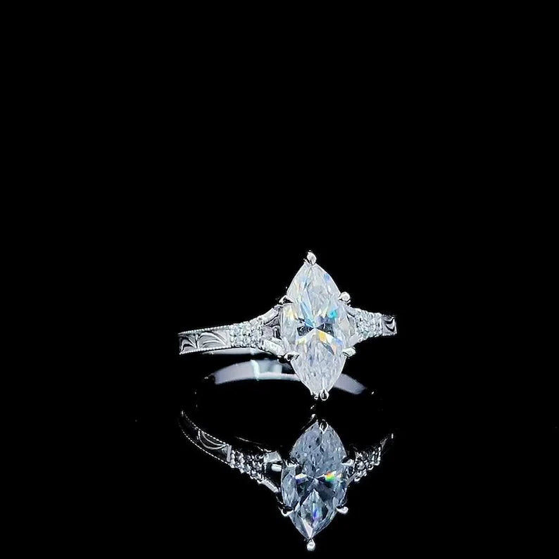 3CT Marquise Cut Moissanite Engagement Ring Vintage Hand Engraved Gold Band