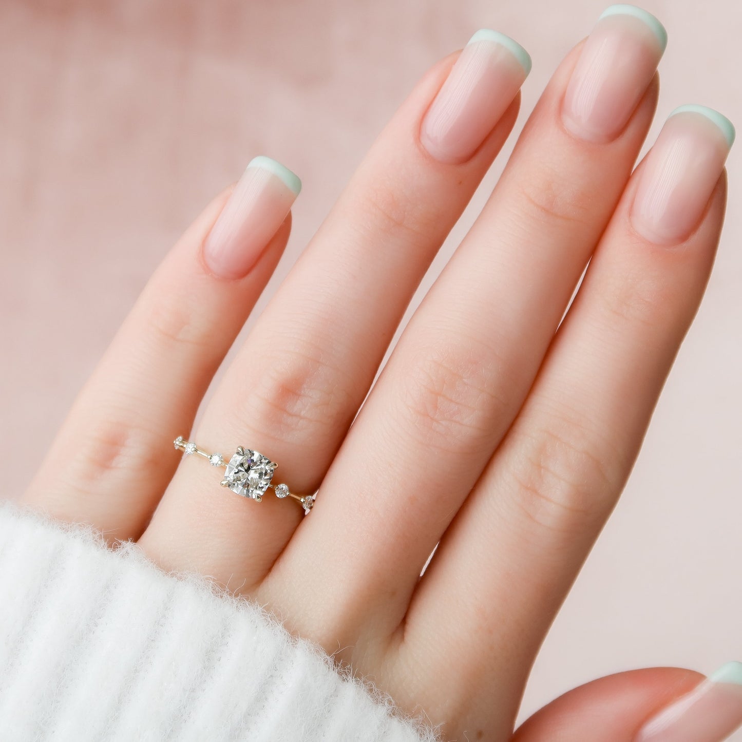 1.0CT Cushion Diamond Moissanite Petite Pave Engagement Ring
