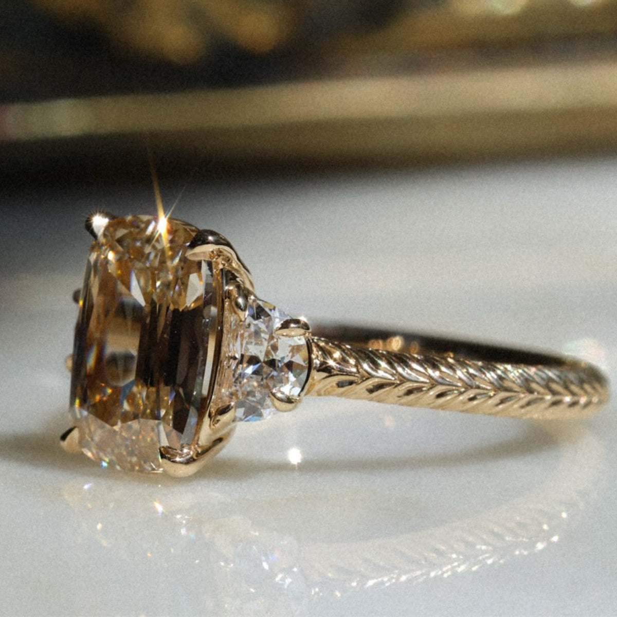 Champagne Cushion Cut Moissanite Engagement Ring in Vintage Engraved Gold