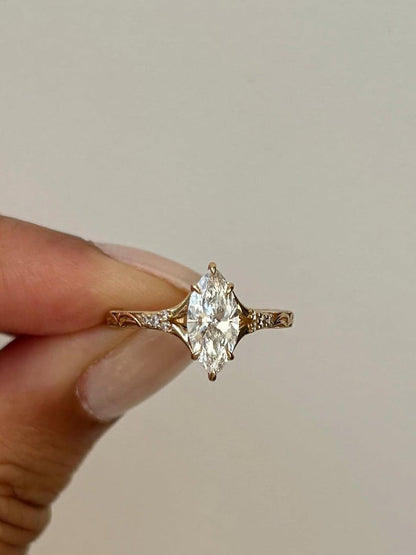 3CT Marquise Cut Moissanite Engagement Ring Vintage Hand Engraved Gold Band