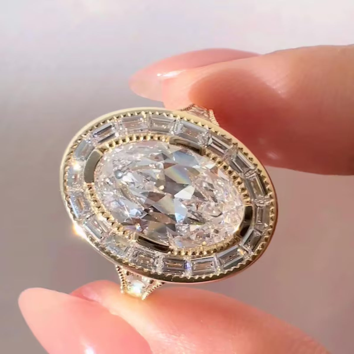 Art Deco Oval Moissanite With Halo Baguette & Round Cut Engagement Ring