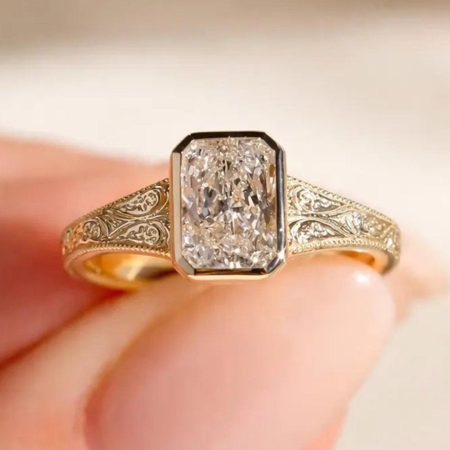 Bezel Set Radiant Moissanite Engagement Ring Vintage14K Solid Gold Promise Ring Hand Engraved Wedding Band Ring For Women
