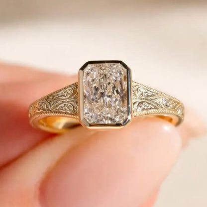 Bezel Set Radiant Moissanite Engagement Ring Vintage14K Solid Gold Promise Ring Hand Engraved Wedding Band Ring For Women