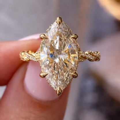Marquise Cut Moissanite Engagement Ring - Twisted Vine Pavé Band Vintage Gold Ring