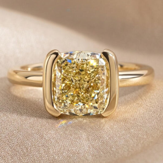 2.5 CT Fancy Yellow Cushion Cut Lab Grown Engagement Ring, Half Bezel Set Wedding Ring, 14k Yellow Gold IGI Certified Ring For Women