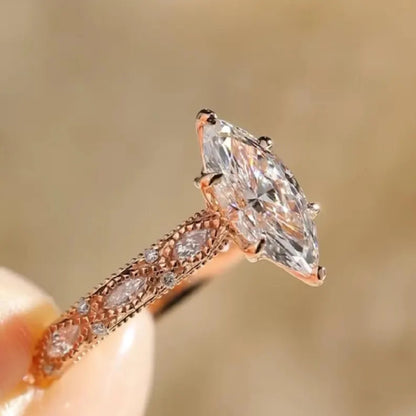 Milgrain 2 CT Marquise Moissanite Diamond Engagement Ring, Unique Art Deco Wedding Ring, Vintage 14K Rose Gold Promise Ring, Proposal Ring for Her