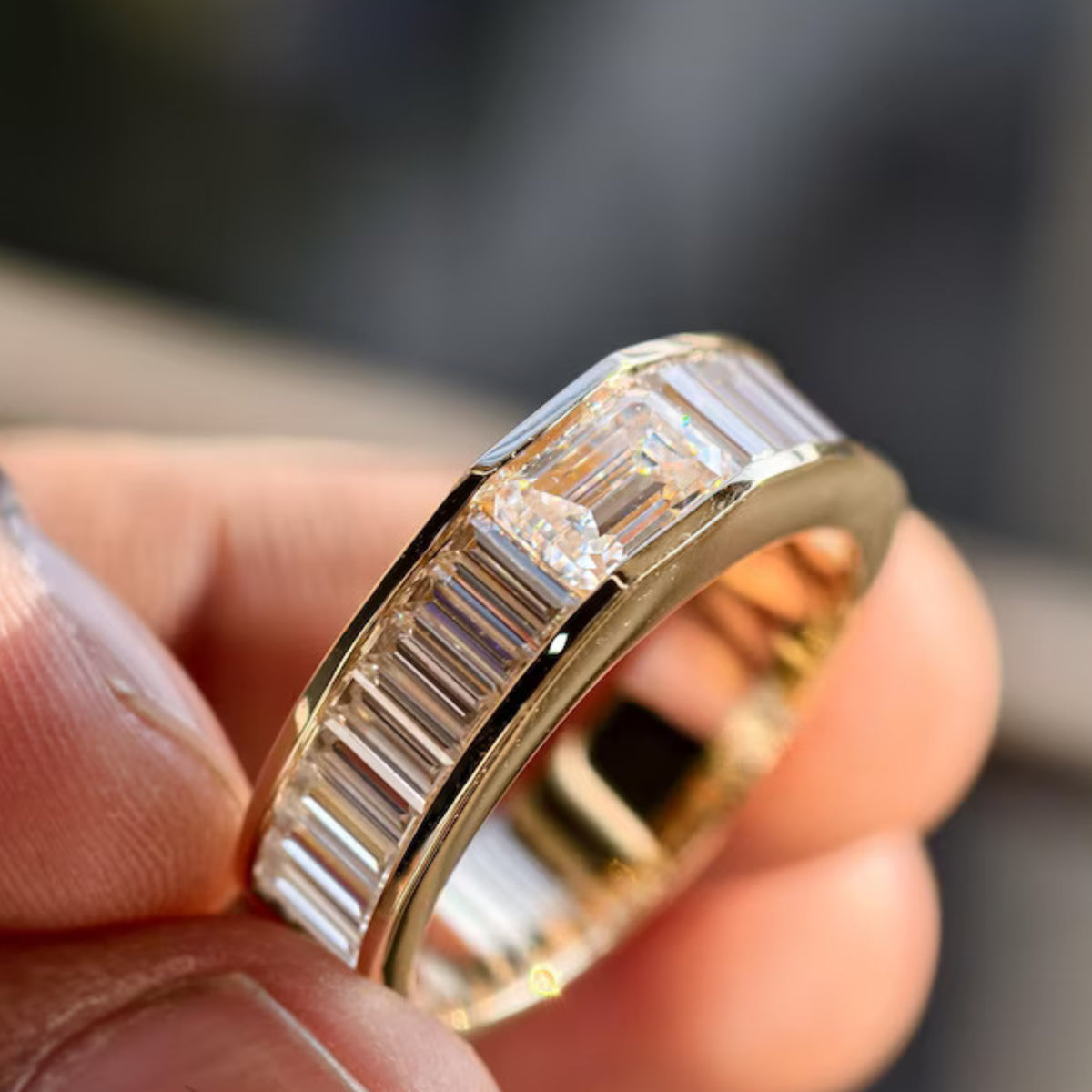Mens East West Emerald Cut With Channel Set Baguette Moissanite Wedding Band