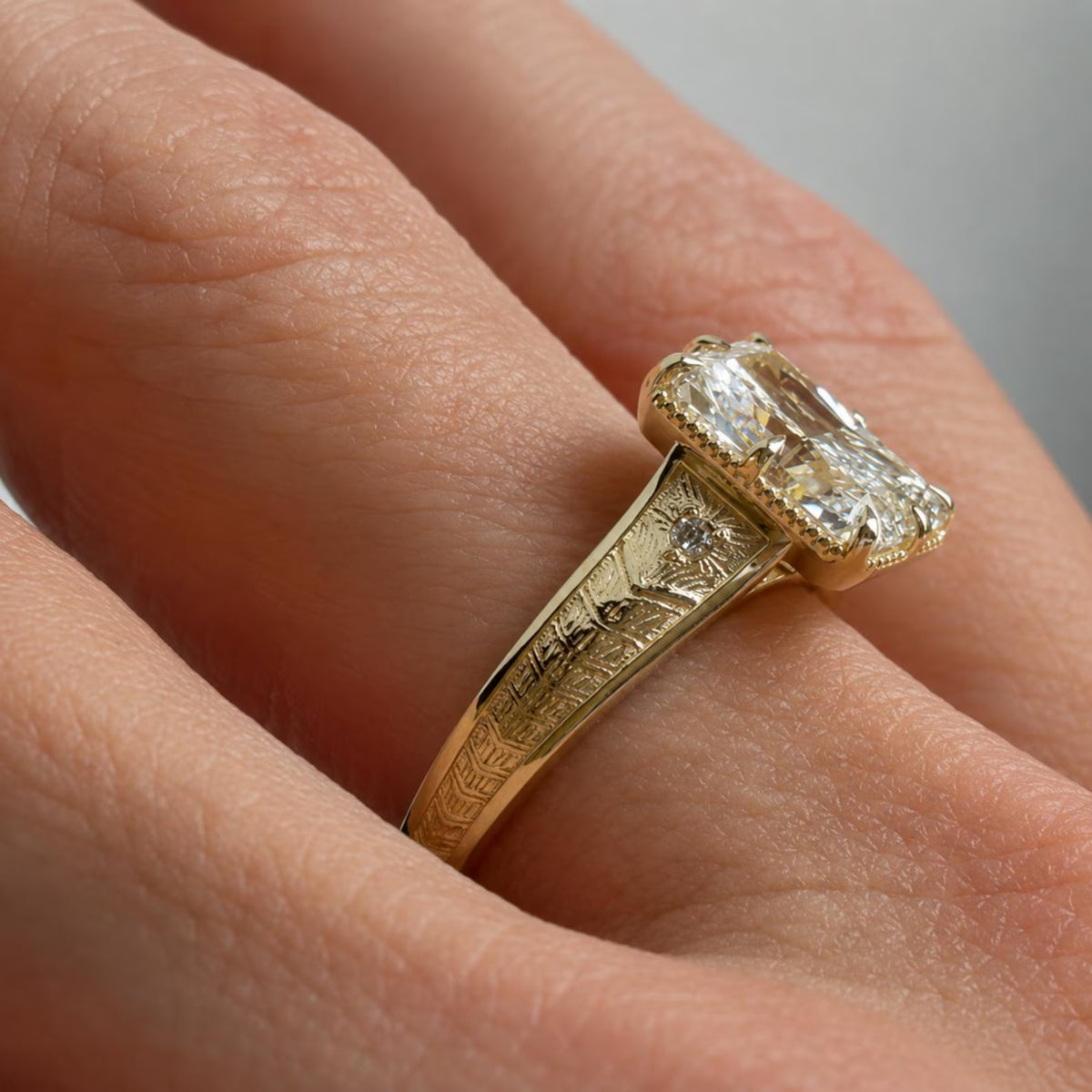 2.5 CT Radiant Cut Lab Grown Diamond Engagement Ring in Engraved Gold Band