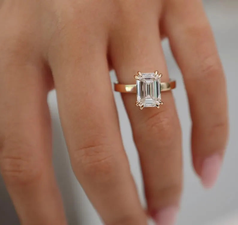 3CT Emerald Cut Moissanite Double Prong Engagement Ring