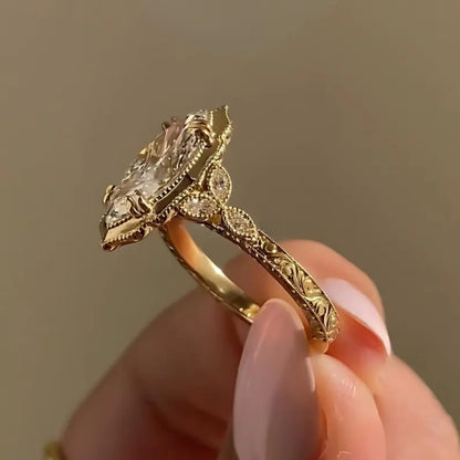 3 CT Marquise Cut Moissanite Engagement Ring Vintage Milgrain 14K Yellow Gold Halo Solitaire Ring Art Deco Bridal Jewelry Gift For Her