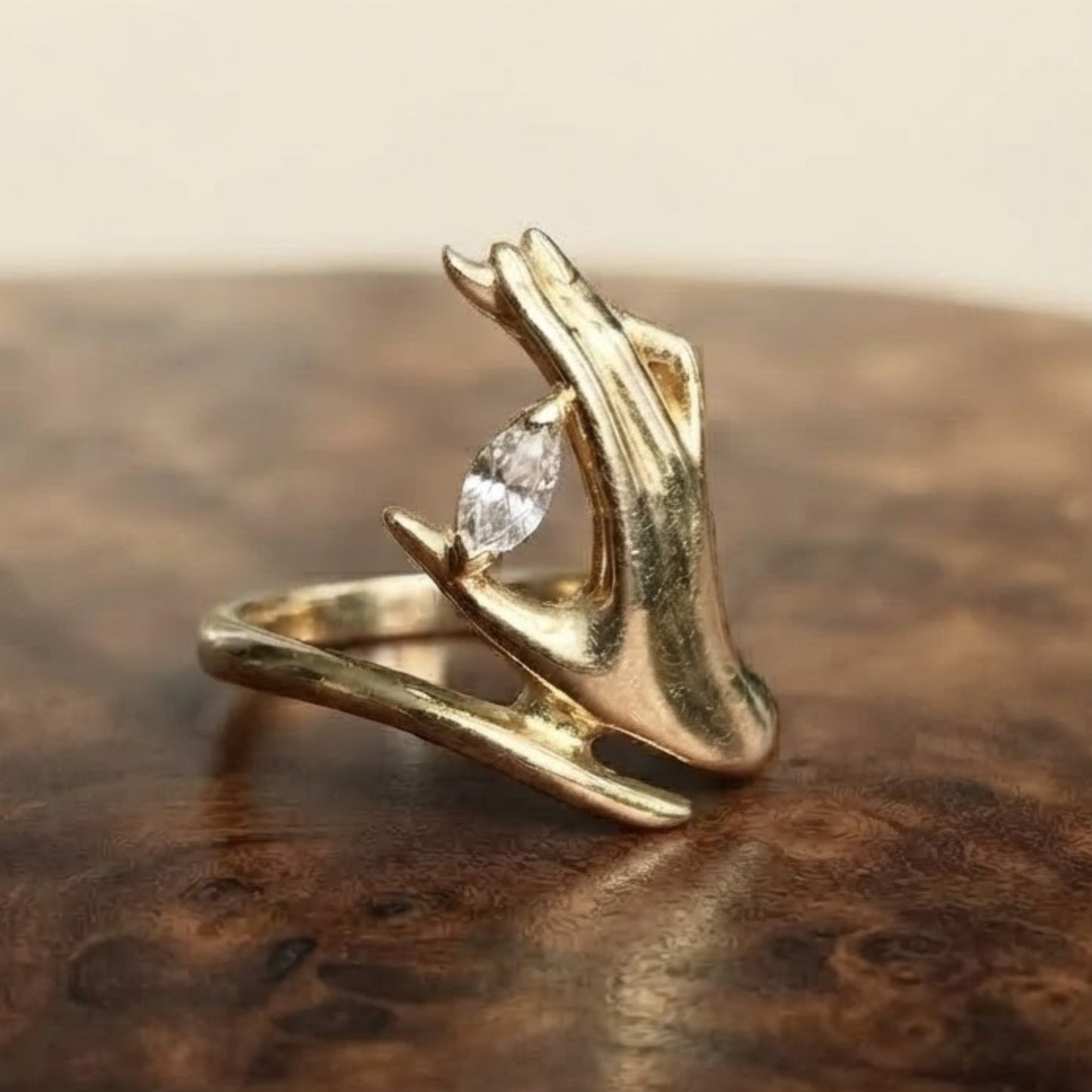 Hand Holding Moissanite Diamond Ring, Unique Marquise Cut Engagement Ring, 14k Gold Ring Statement Ring, Open Band Ring, Wedding Gifts.