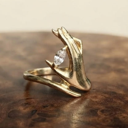Hand Holding Moissanite Diamond Ring, Unique Marquise Cut Engagement Ring, 14k Gold Ring Statement Ring, Open Band Ring, Wedding Gifts.