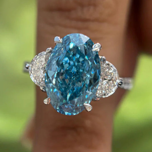 4 CT Blue Oval Lab Grown Three Stone Diamond  Engagement 14K Gold Pave Ring