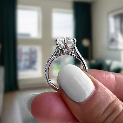 Six Prong Round Cut Moissanite Engagement Ring - Cathedral Pavé Band Solitaire Ring