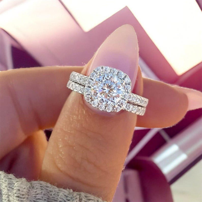 Round Cut Moissanite Cushion Halo Engagement Ring Set - Pavé Band Bridal Set