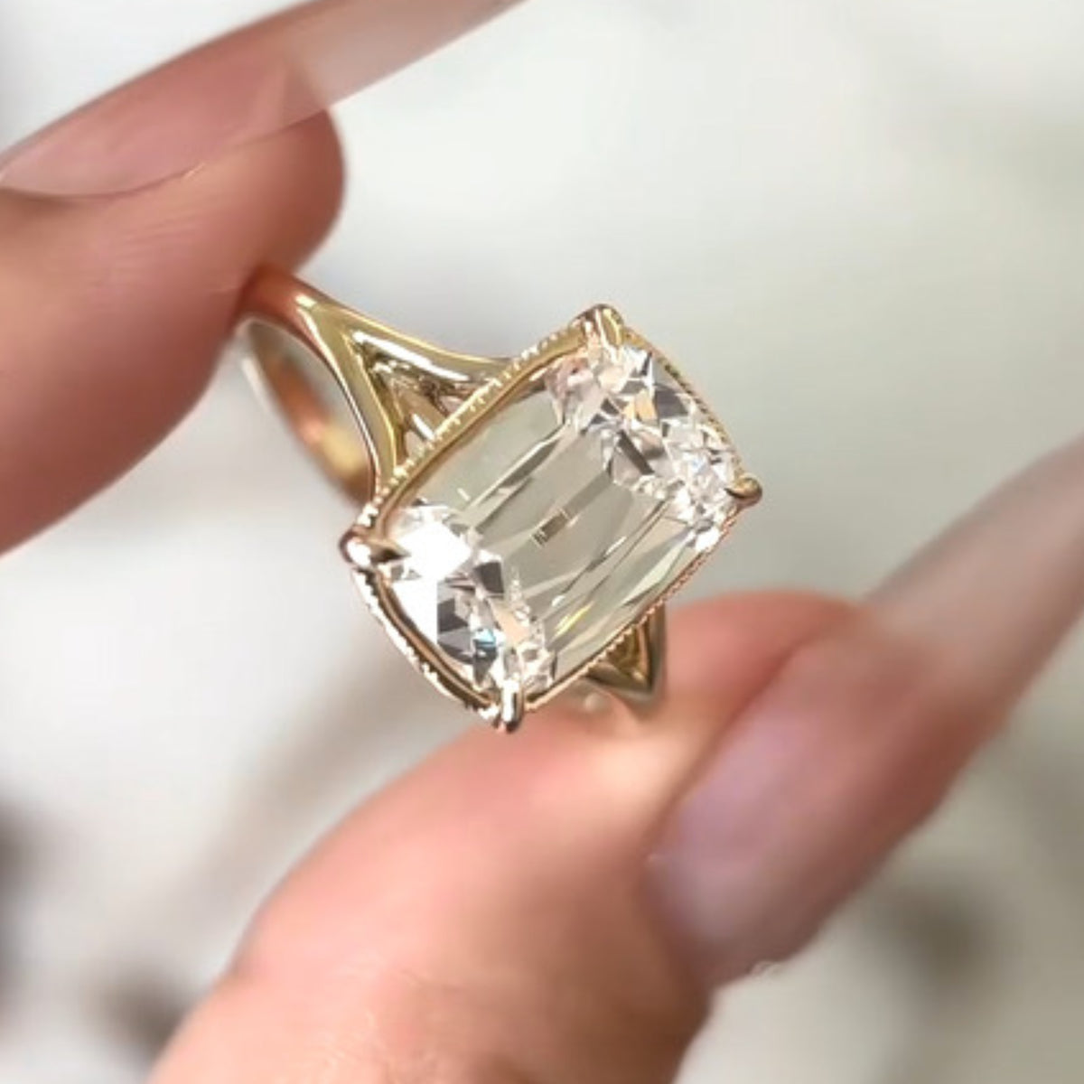 4 CT Elongated Cushion Moissanite Bezel Set With Split Shank Gold Engagement Ring