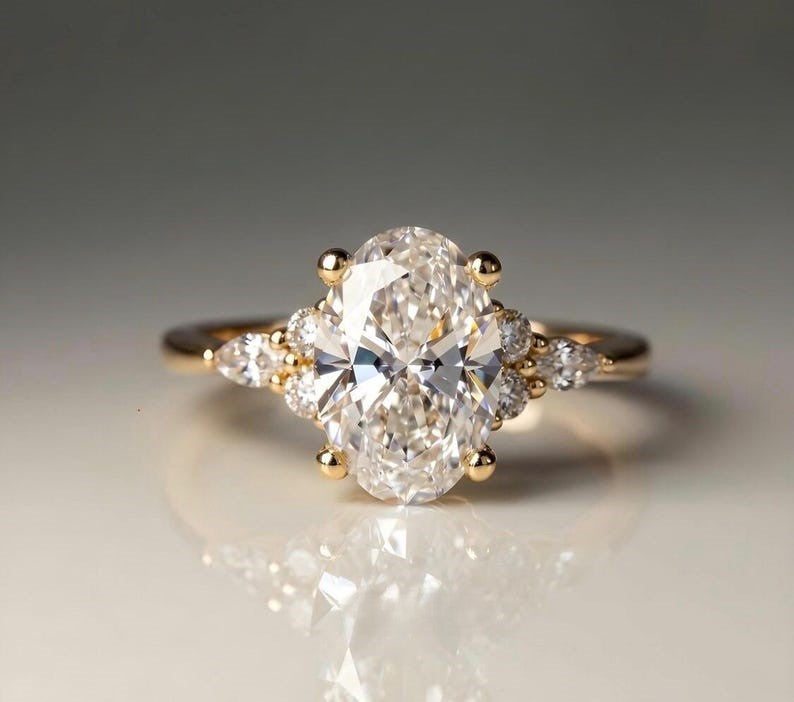 Oval Lab Grown Diamond Engagement Ring - Pear & Round Cluster Side Stone Gold Ring
