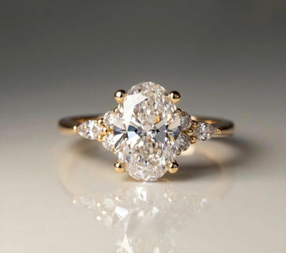 Oval Lab Grown Diamond Engagement Ring - Pear & Round Cluster Side Stone Gold Ring