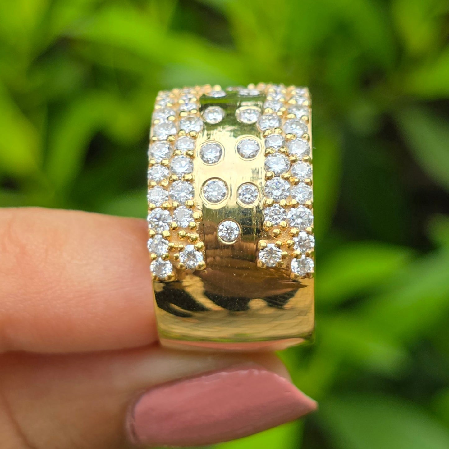 Chunky Wide Diamond Band, 14k Gold Pave Wedding Ring, Multi-Row Diamond Cocktail & Bold Designer Style Ring, Unique Promise Ring For Women