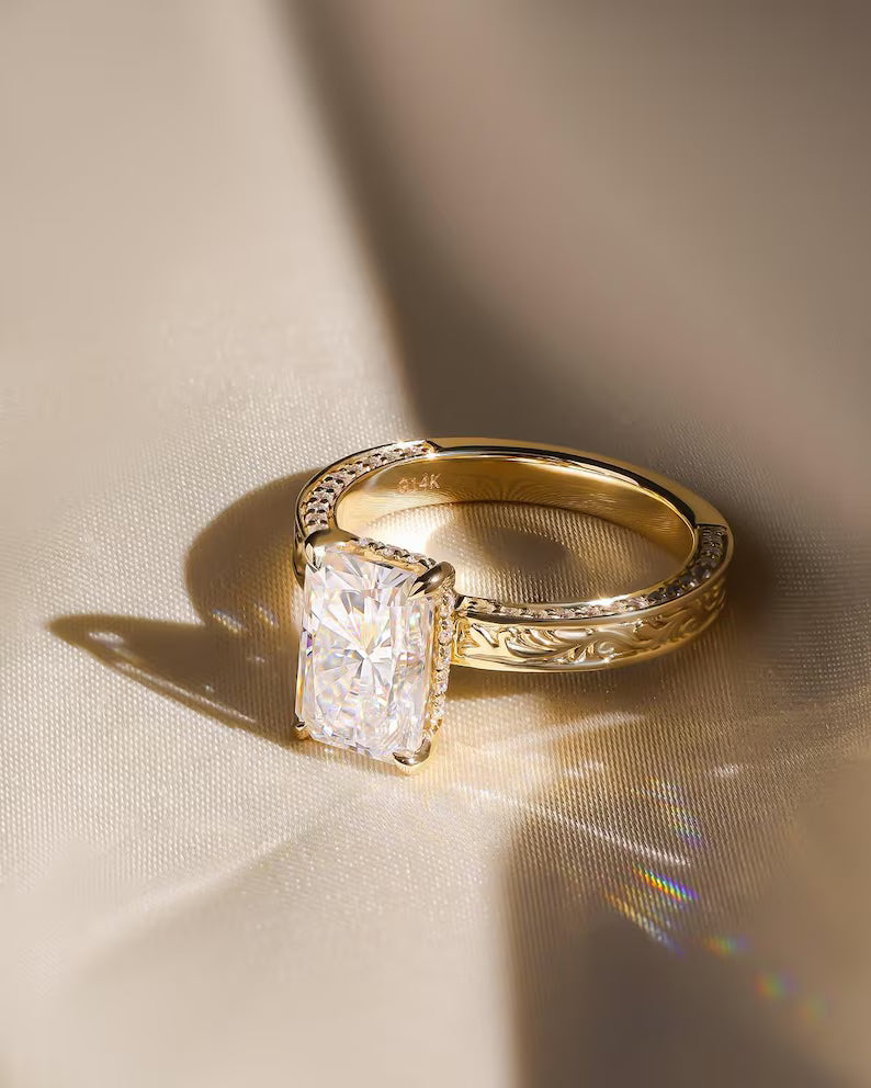 4CT Radiant Cut Moissanite Engagement Ring Vintage Engraved Gold Band
