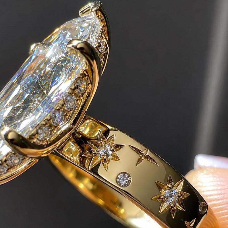 Marquise Diamond Hidden Halo Ring Celestial Engraved Band