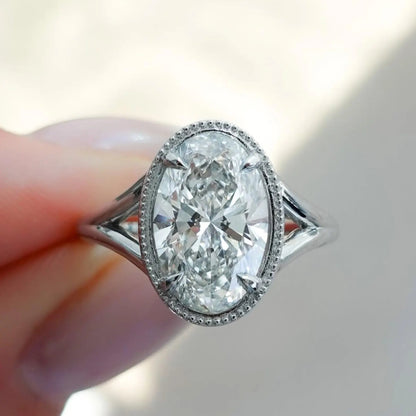 Unique 3CT Oval Moissanite Engagement Ring With Spilt Shank Band