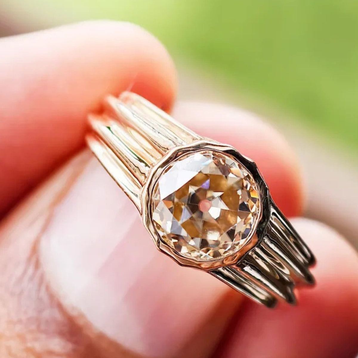 Bezel Set Old Mine European Moissanite Engagement Ring in 14K Gold