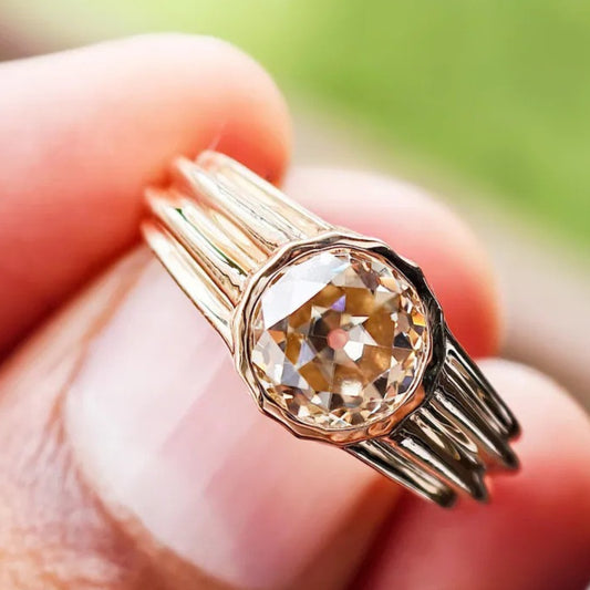 Bezel Set Old Mine European Moissanite Engagement Ring in 14K Gold